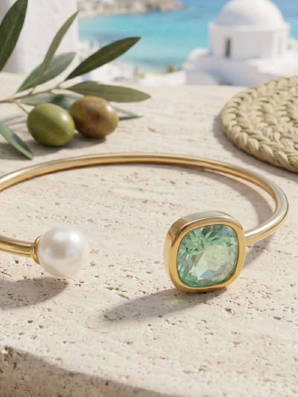 18K Gold Plated SS Pearl Green Crystal Open Cuff Bracelet Set Adj Mediterranean